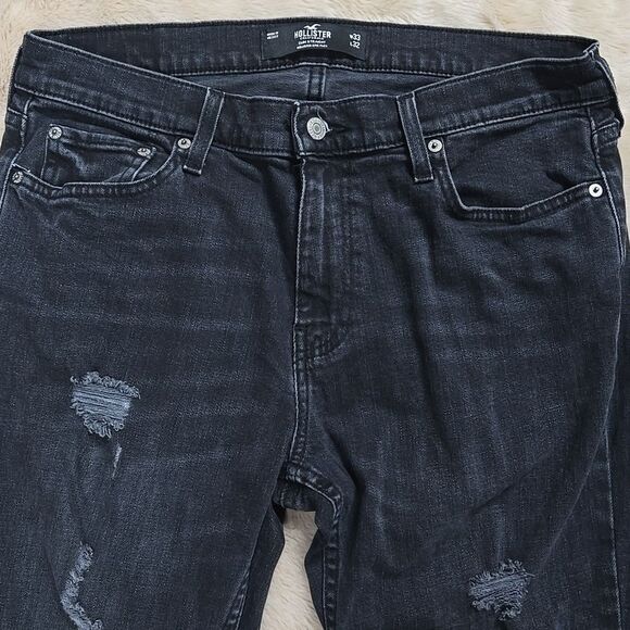 HOLLISTER BLACK WASH SLIM STRAIGHT DISTRESSED JEANS, SIZE 33X32 - Picture 3 of 8